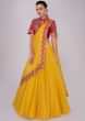 Tuscan yellow lehenga with draped dupatta paired with red blouse 