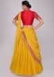 Tuscan yellow lehenga with draped dupatta paired with red blouse 