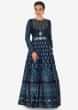 Twilight blue printed anarkali dress in cotton silk with gotta patch and resham work only on Kalki