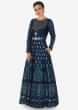 Twilight blue printed anarkali dress in cotton silk with gotta patch and resham work only on Kalki