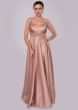 Warm taupe brown milano satin gown with embroidered empire line 