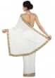 White saree in georgette with leaf motif embroidery in cut dana work only on Kalki