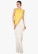 White long drape gown in lycra with yellow raw silk jacket only on Kalki