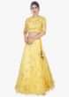 Yellow organza weaved lehenga with thread embroidered net blouse and net dupatta 