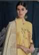 Yellow straight palazzo suit in silk with embroidered placket in gotta patch and resham