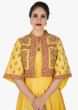 Yellow tunic with a heavily embellished jacket in printed zari work only on Kalki