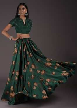 Buy Emerald Green Floral Satin Skirt Set With An Embellished Crop Top ...