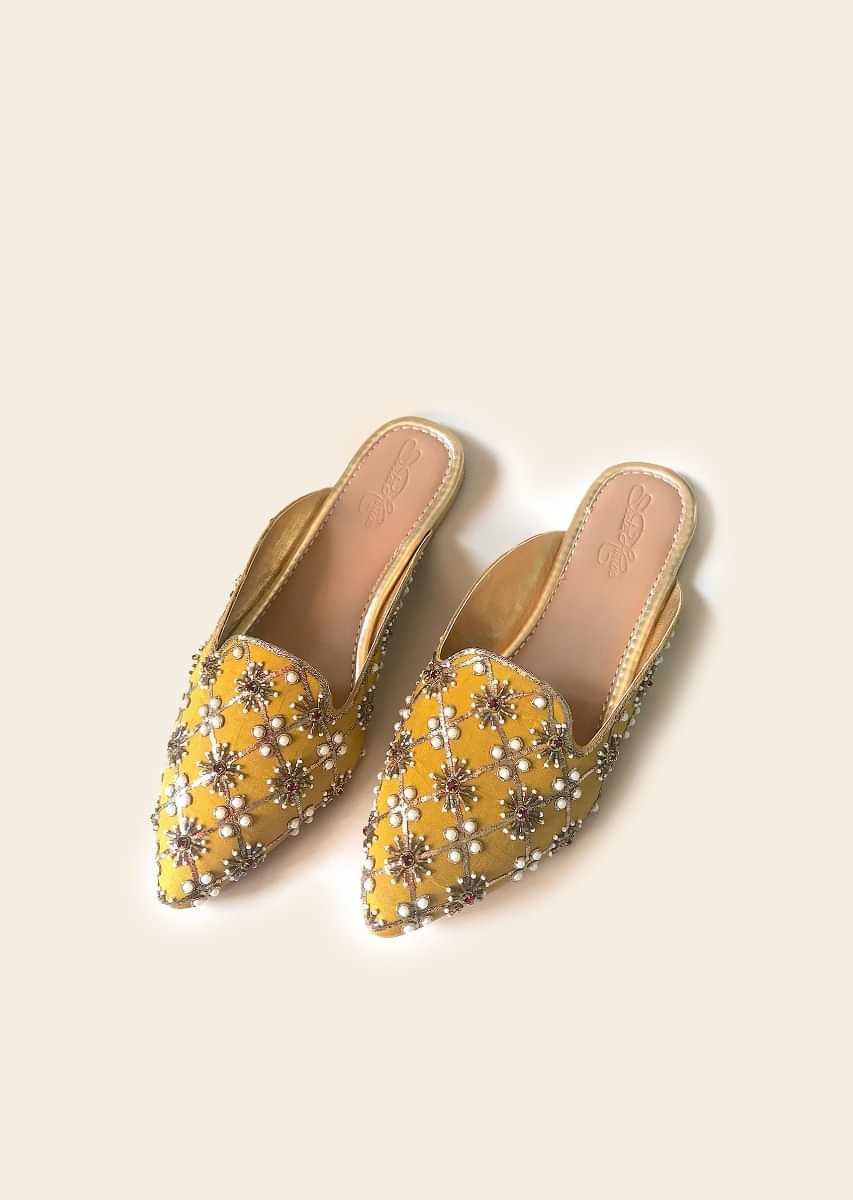Mustard Yellow Mules With Maroon Swarovski And Moti Detailing By Sole House