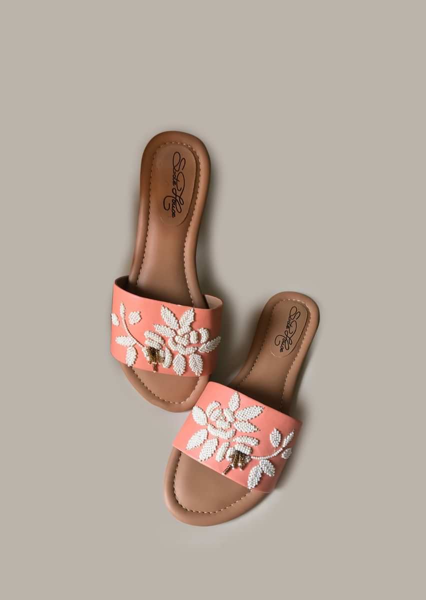 Peach Slider Flats With Pearl Embellished Rose Motifs Online By Sole House
