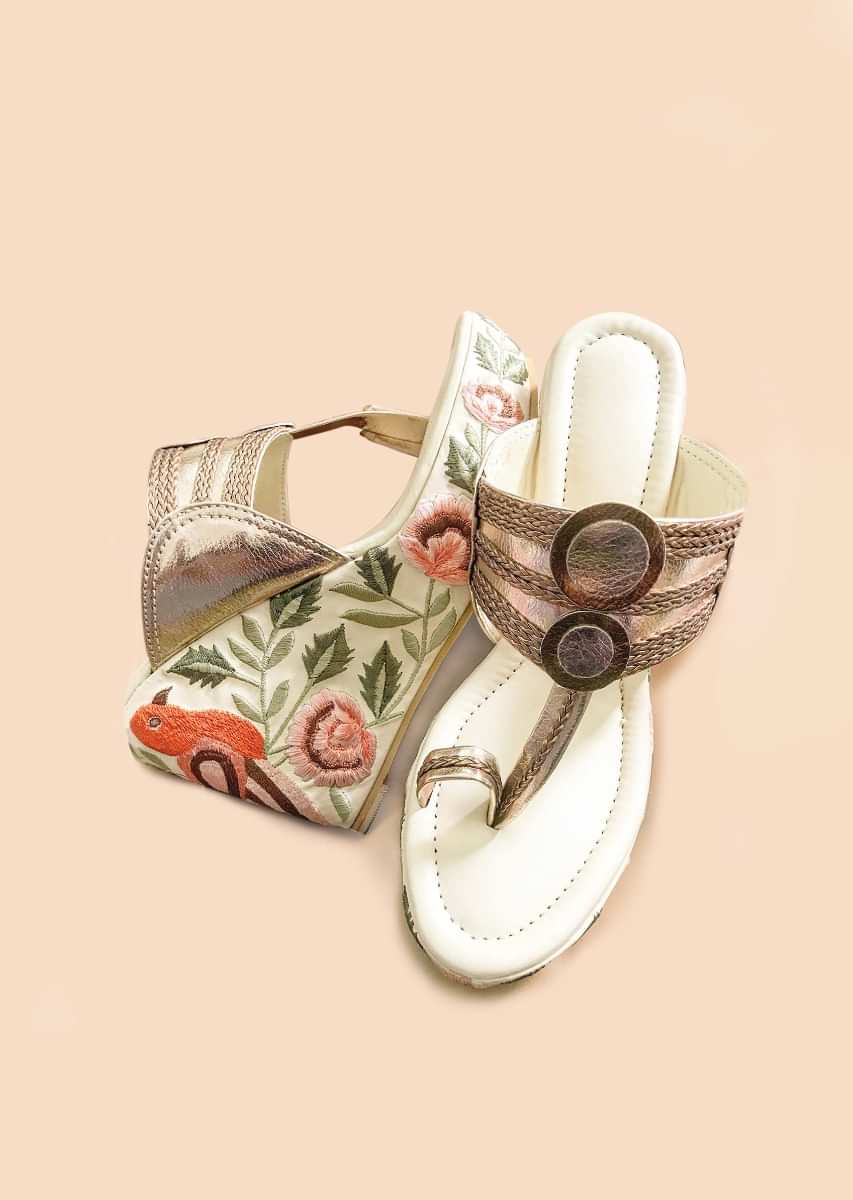 Rose Gold Kolhapuri Wedges With Resham Embroidered Bird And Leaf Motifs By Sole House