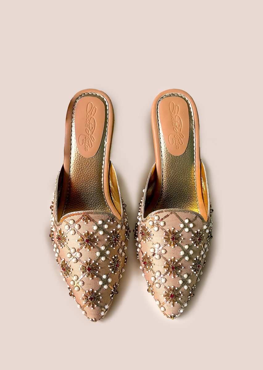Gold Mules With Nakshi Embroidery And 3 Inch Block Heel By Sole House