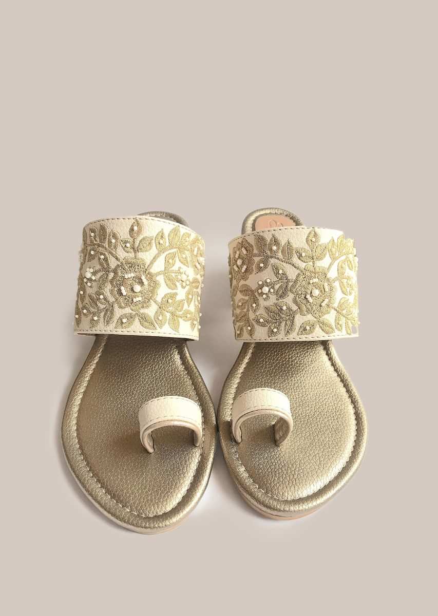 Cream Heels With Gold Zari And Moti Work N Floral Design By Sole House