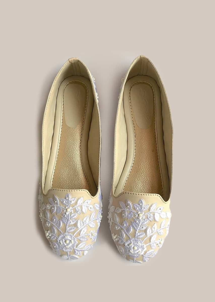 Cream Loafers With Baroque Inspired Embroidery Using Pearls And Beads By Sole House