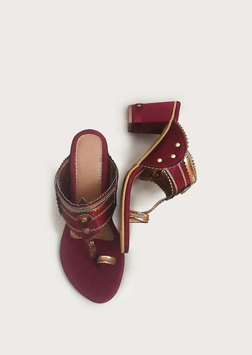 Gem Stone Maroon Kolhapuri Heels In Satin With Rose Gold Braiding And Button Details By Sole House