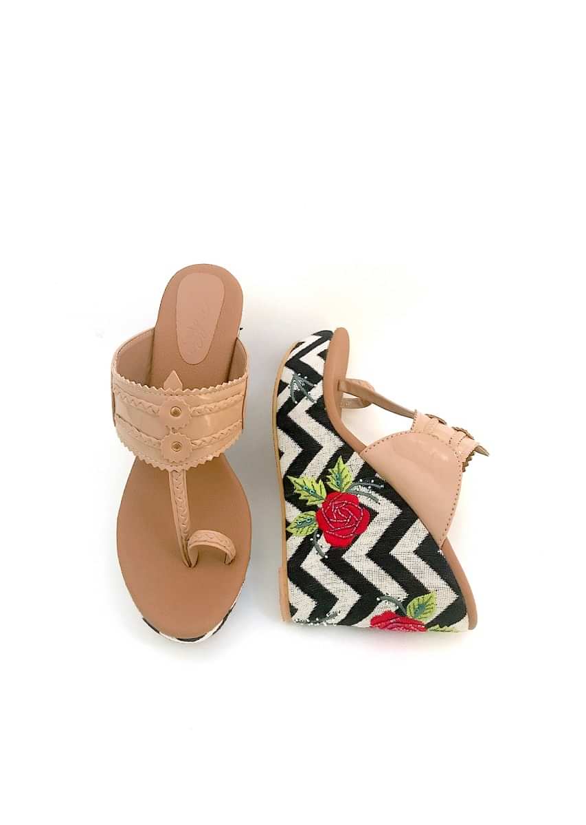 Nude Kolhapuri Wedges With Monochrome Design And Rose Embroidered Heel By Sole House