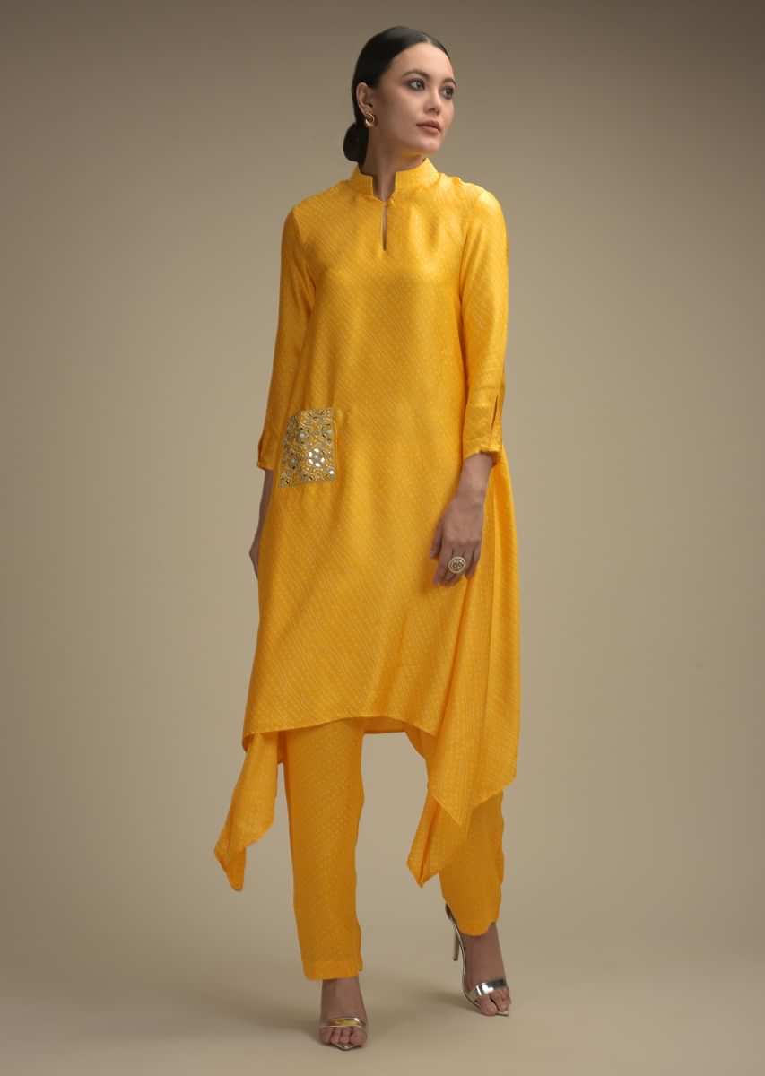 Daffodil Yellow A Line Suit In Satin Crepe With Bandhani Print And Abla Embellished Pocket   