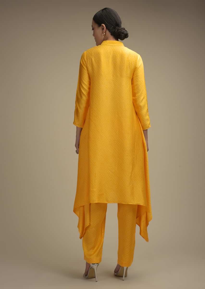 Daffodil Yellow A Line Suit In Satin Crepe With Bandhani Print And Abla Embellished Pocket   