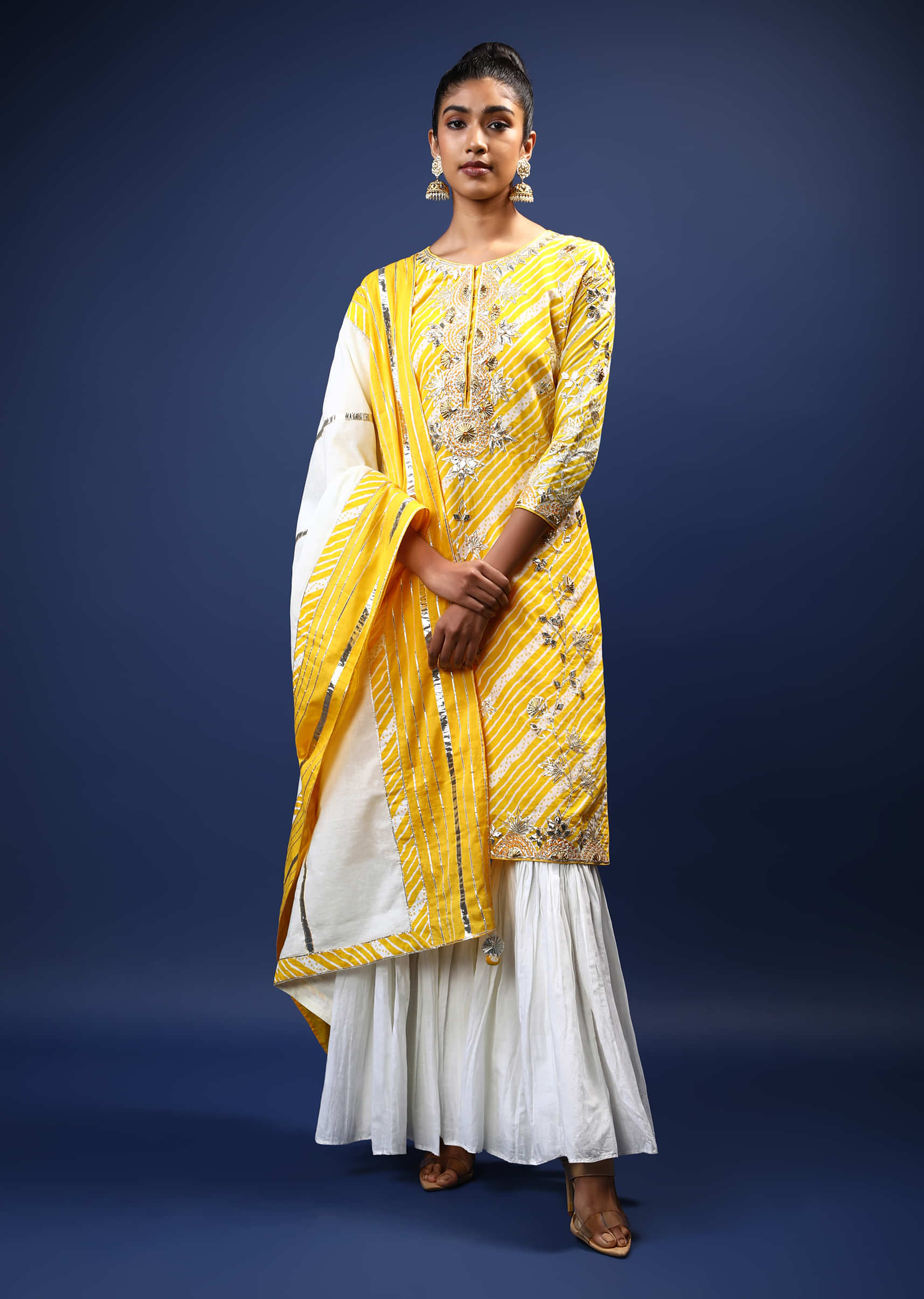 Daffodil Yellow And White Sharara Suit With Lehariya Print And Gotta Patti Embroidered Floral Motifs  