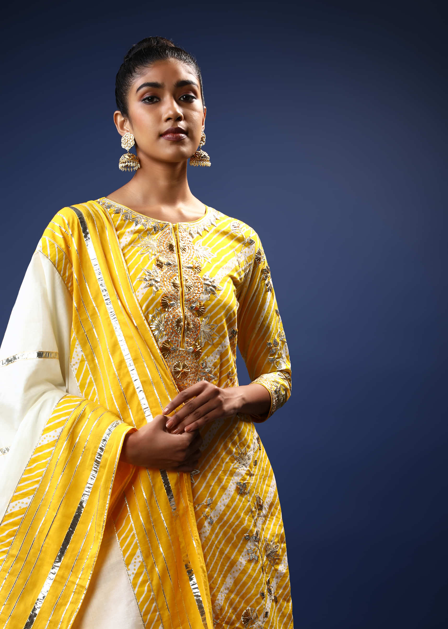 Daffodil Yellow And White Sharara Suit With Lehariya Print And Gotta Patti Embroidered Floral Motifs  