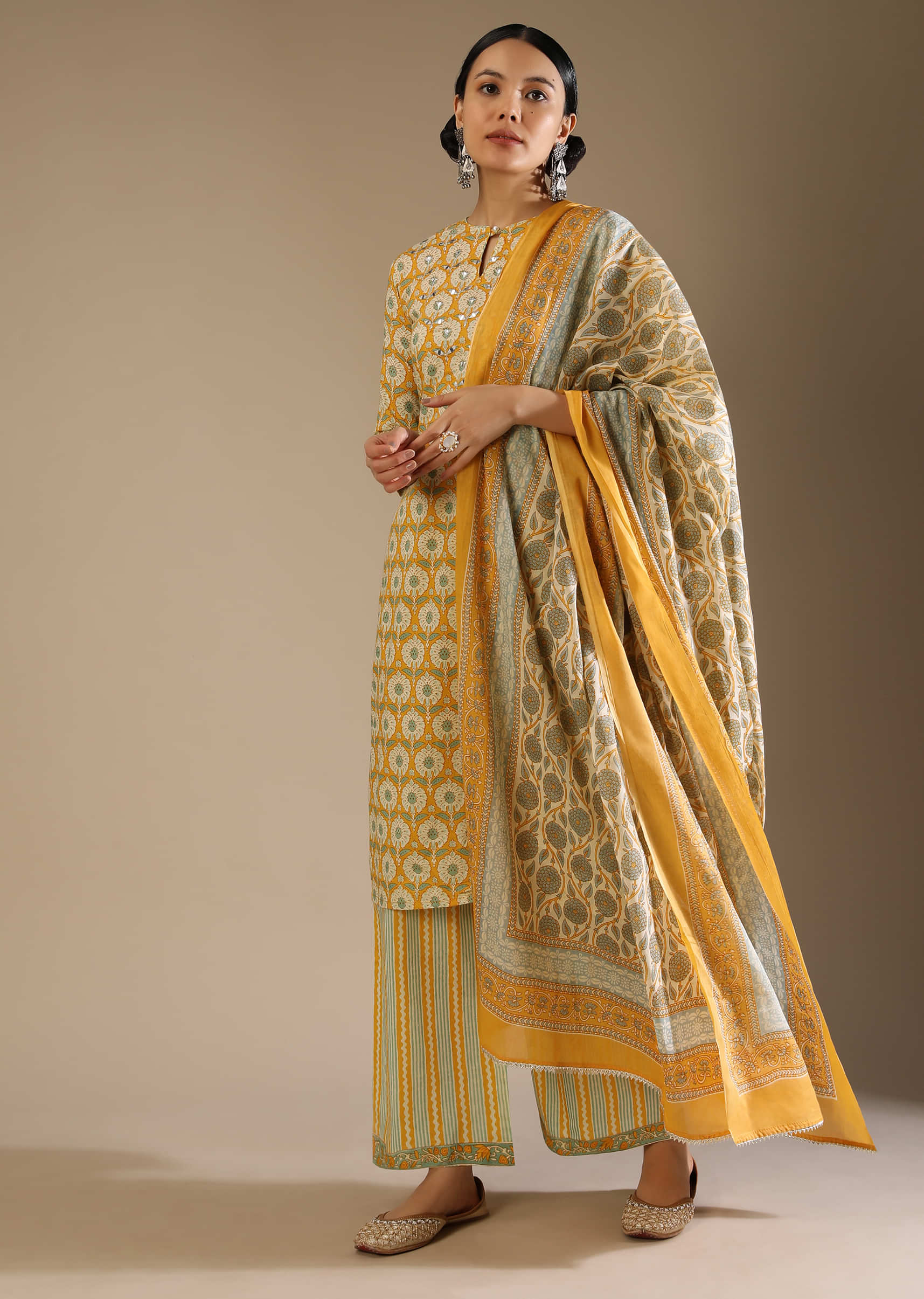 Daffodil Yellow Straight Cut Palazzo Suit With Jaal Print And Mirror Embroidery  
