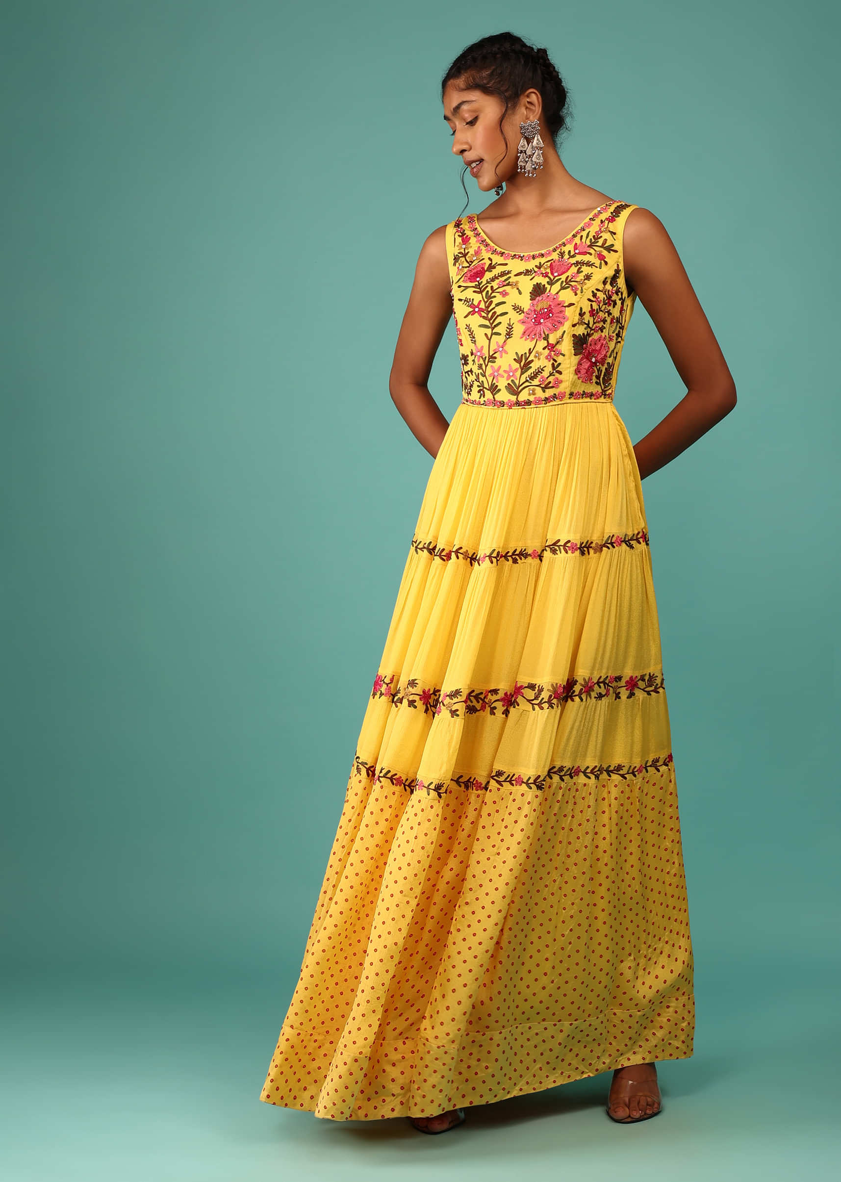 Daffodil Yellow Flowy Dress In Chiffon With Floral Kashmiri Thread Work And Embroidery
