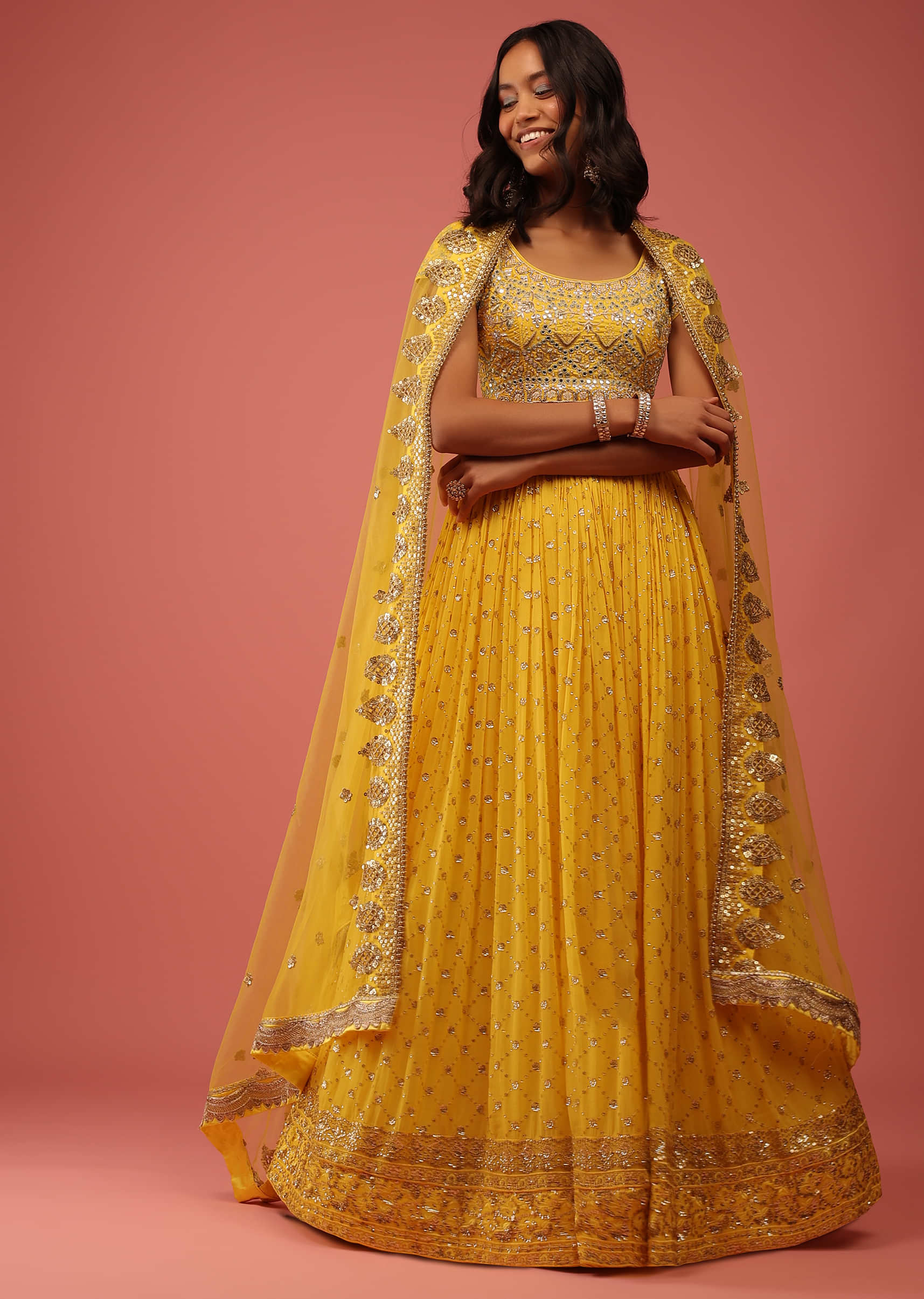 Daffodil Yellow Lehenga Choli With Sequins Embroidered Mesh Jaal And Floral Details