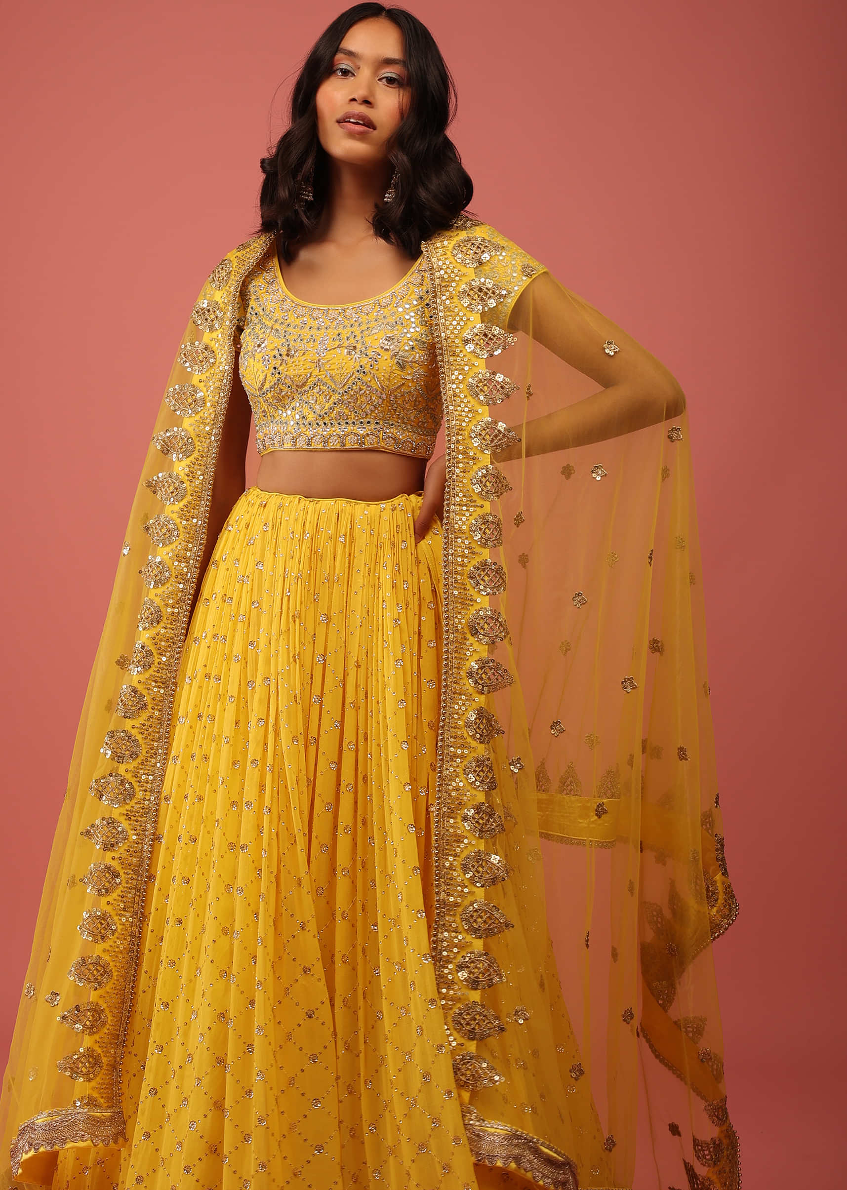 Daffodil Yellow Lehenga Choli With Sequins Embroidered Mesh Jaal And Floral Details