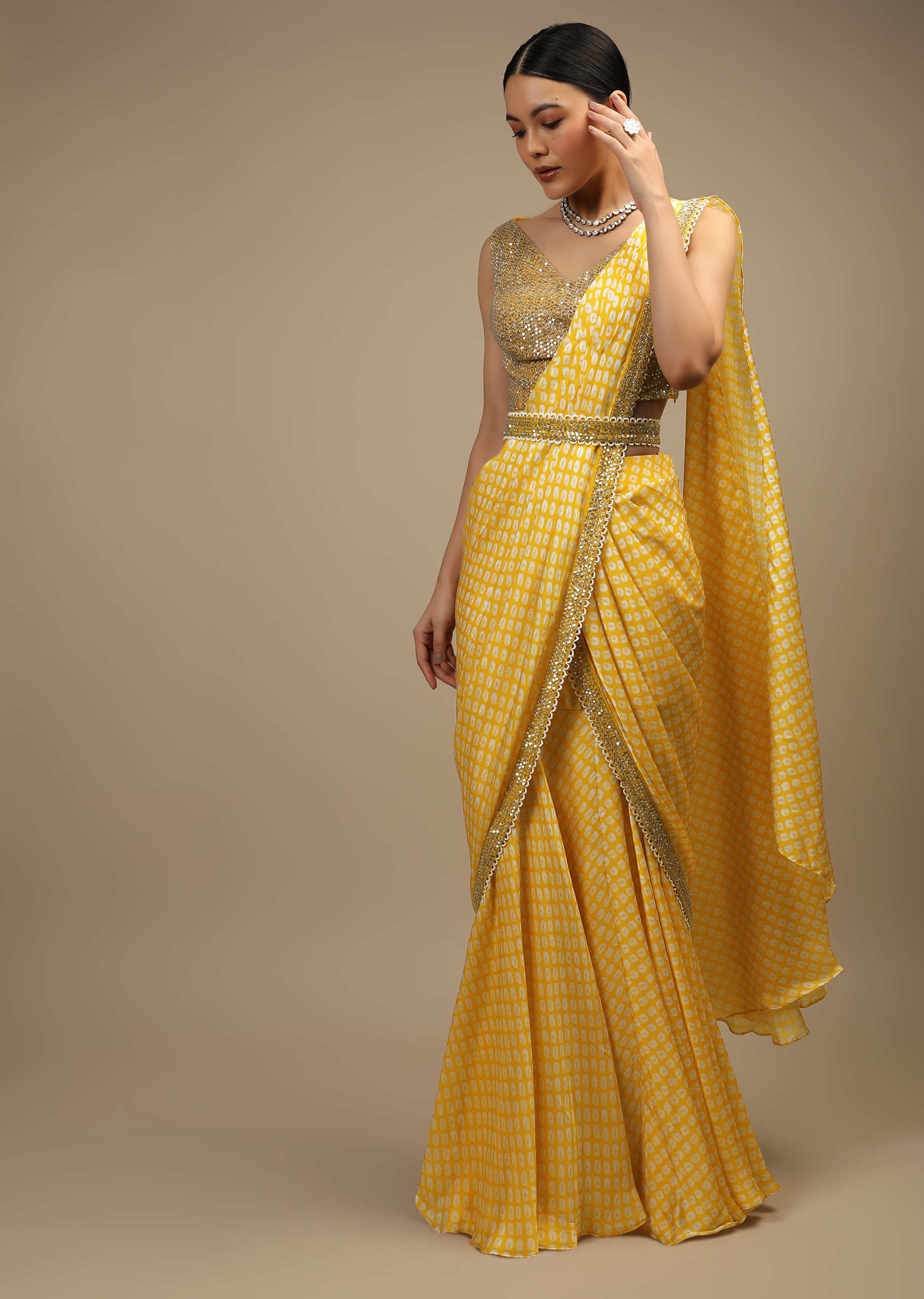 Daffodil Yellow Ready Pleated Mermaid Cut Saree In Satin With Bandhani Print And Sequins Embroidered Crop Top