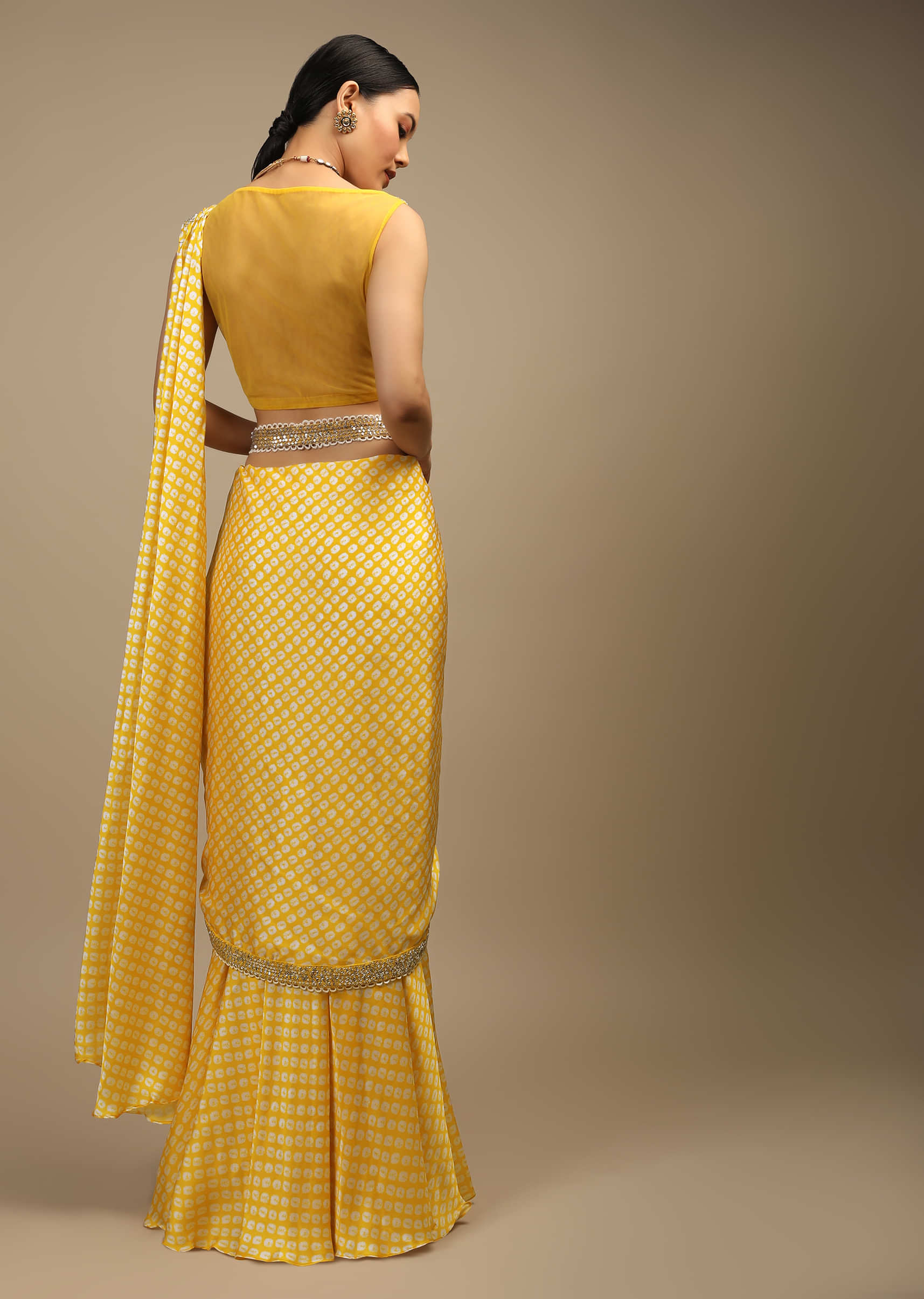 Daffodil Yellow Ready Pleated Mermaid Cut Saree In Satin With Bandhani Print And Sequins Embroidered Crop Top