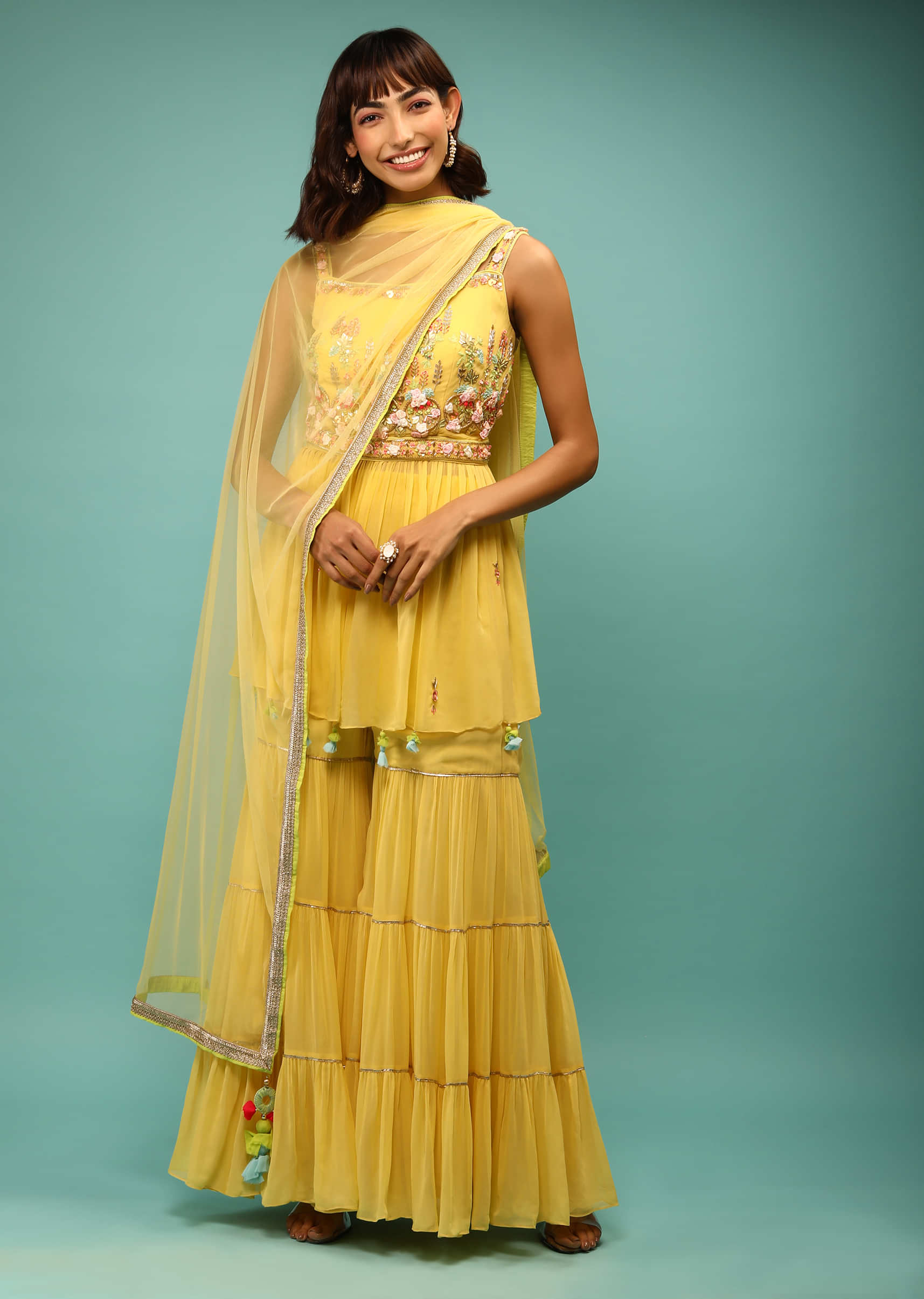 Daffodil Yellow Sharara And Peplum Suit With 3D Satin Flowers And Multi Colored Bead Work In Floral Motifs 
