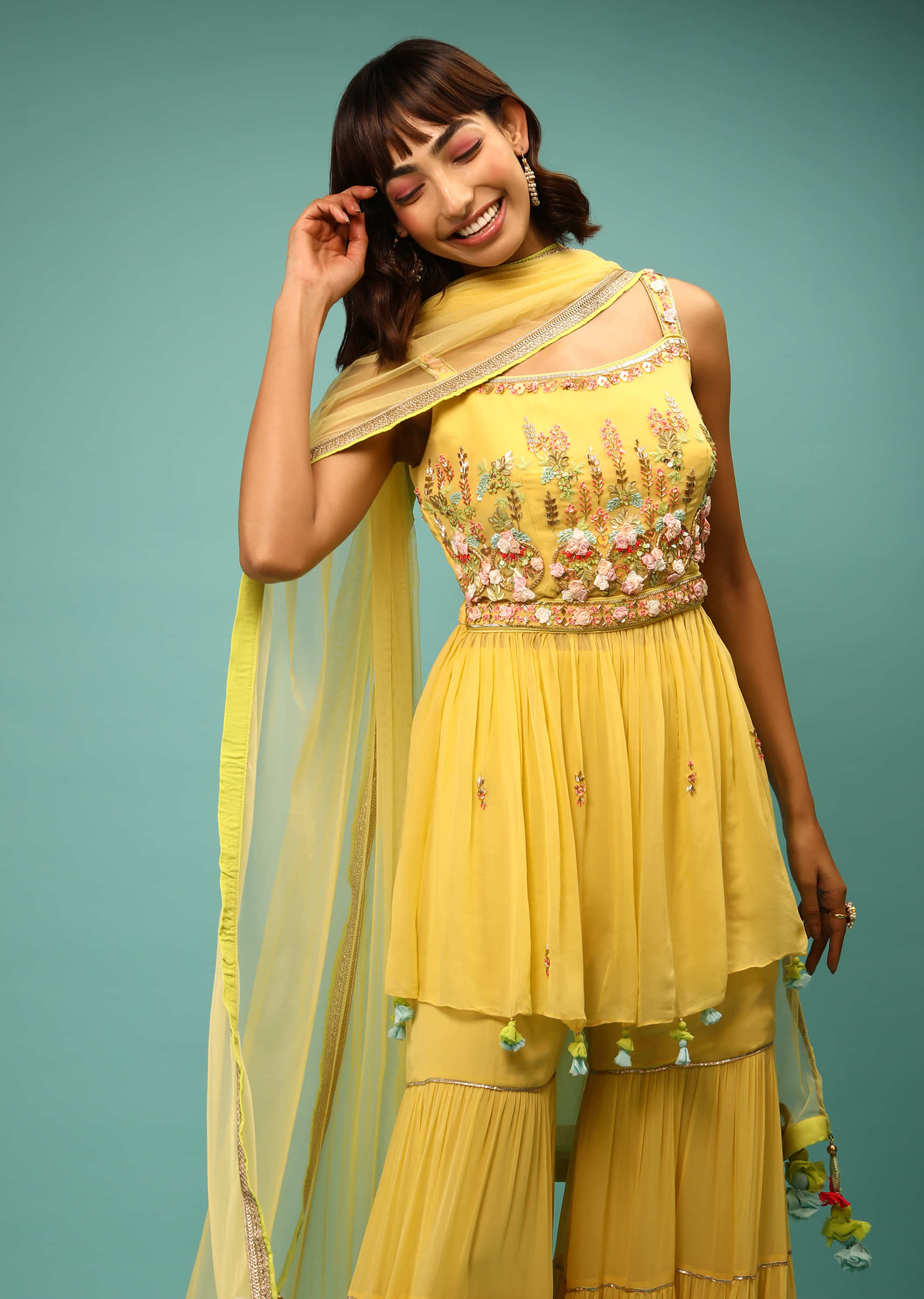 Daffodil Yellow Sharara And Peplum Suit With 3D Satin Flowers And Multi Colored Bead Work In Floral Motifs 