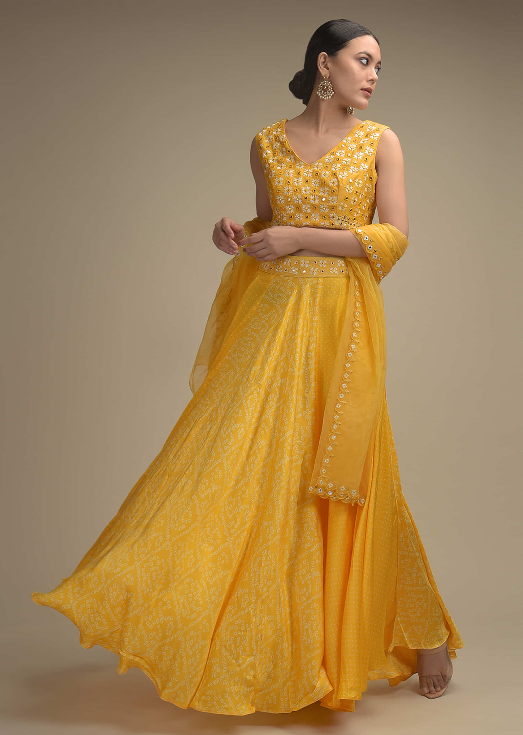 Daffodil Yellow Skirt In Satin Blend With Bandhani Print And Abla Embroidered Crop Top 