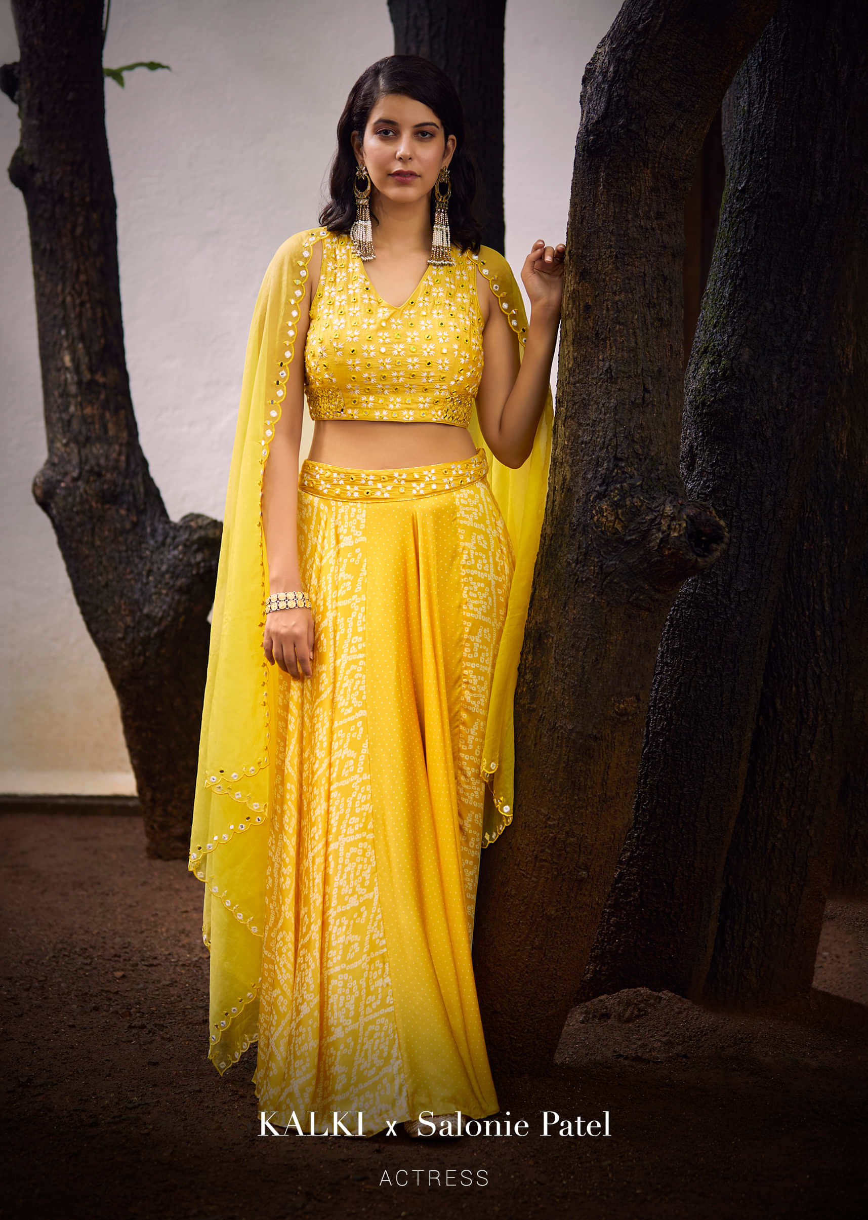 Daffodil Yellow Skirt In Satin Blend With Bandhani Print And Abla Embroidered Crop Top 