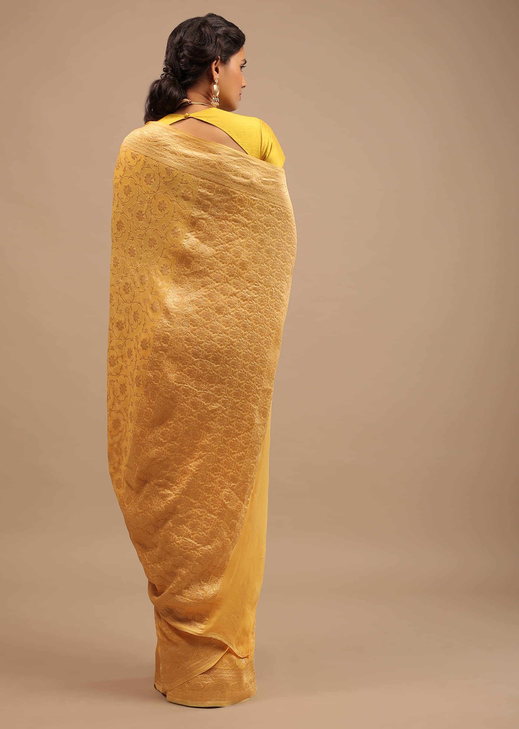 Daffodil Yellow Traditional Saree With Heavy Woven Brocade Work On Border And Pallu