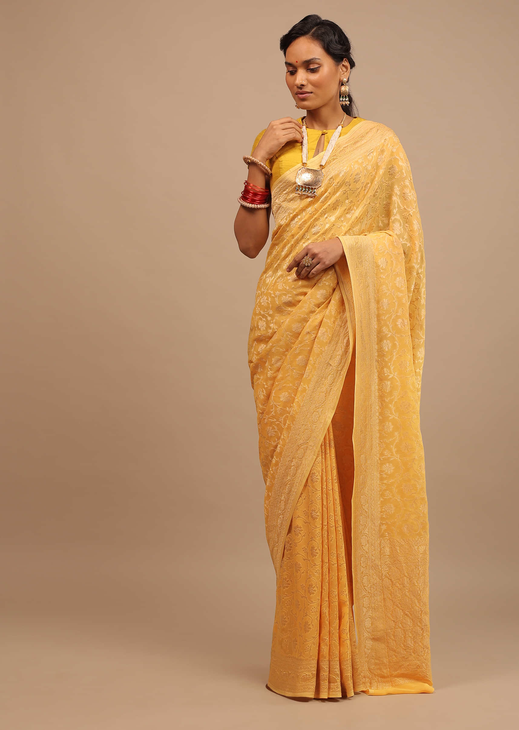 Daffodil Yellow Traditional Saree With Heavy Woven Brocade Work On Border And Pallu