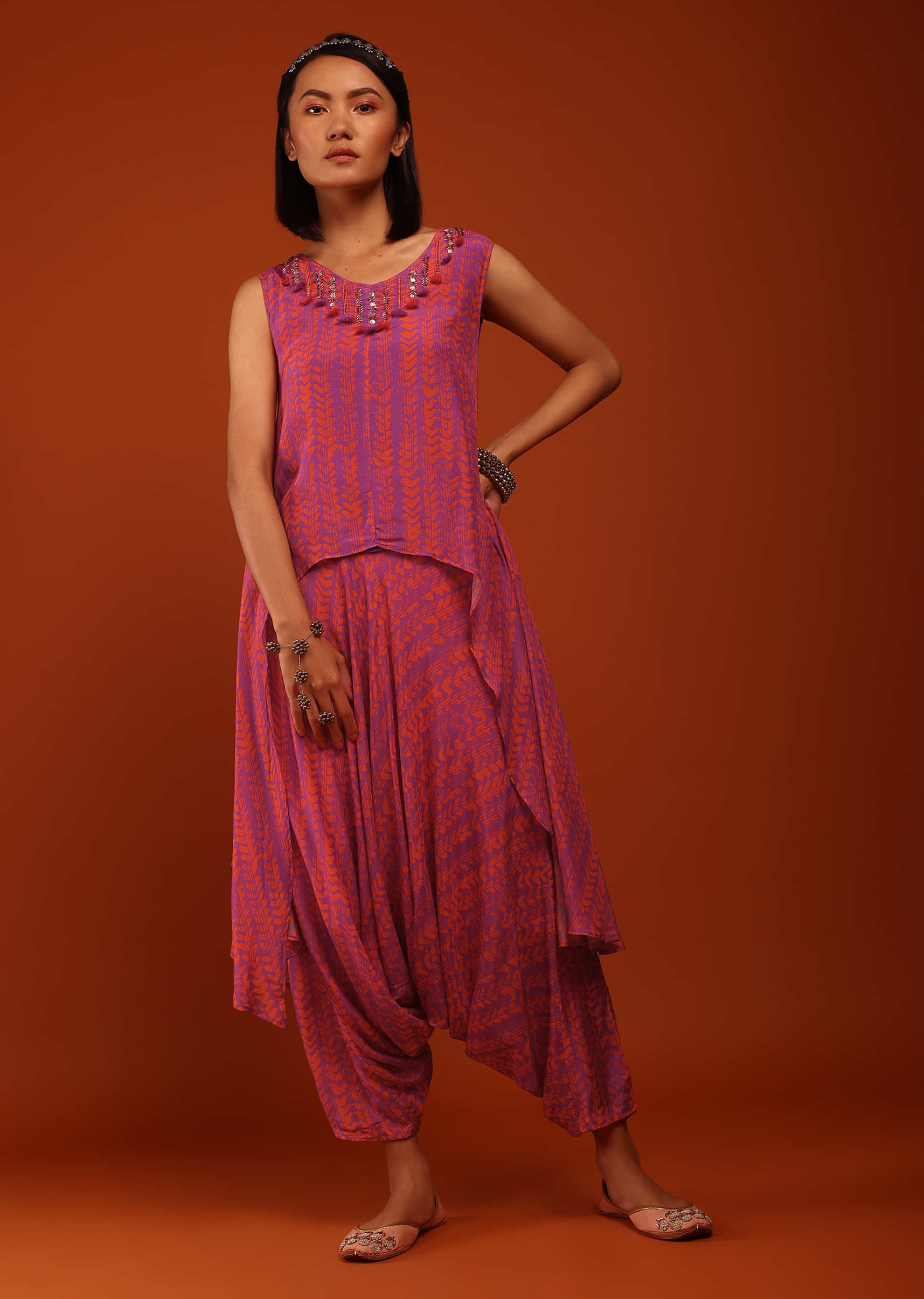 Dahlia Violet Digital Print Tunic Set In A V Neckline Sleeveless With The Matching Low Crotch Dhoti 