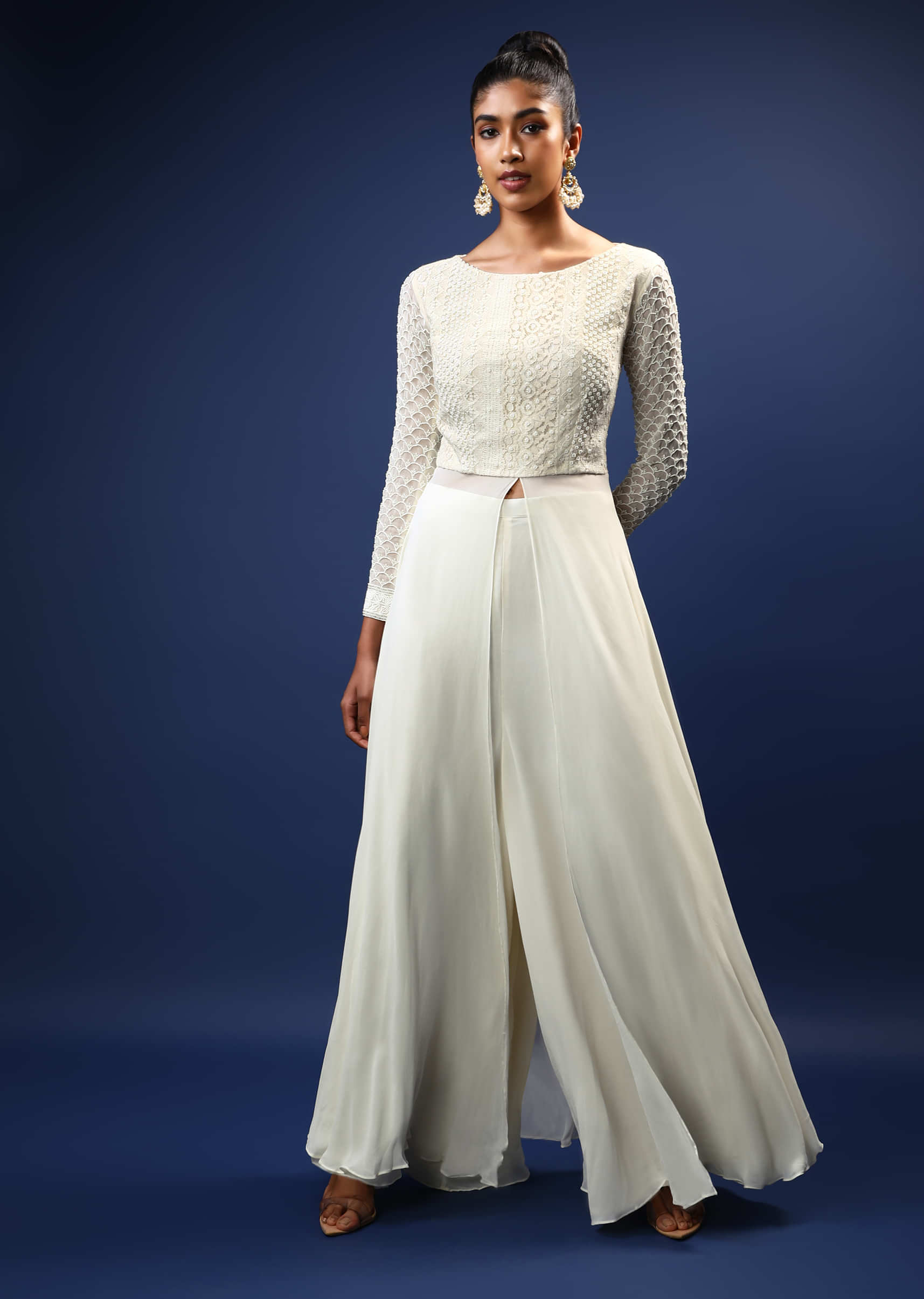 Daisy White Palazzo Suit In Georgette With A Long Slit Top In Crochet Lace Adorned In Moti Bead Detailing  