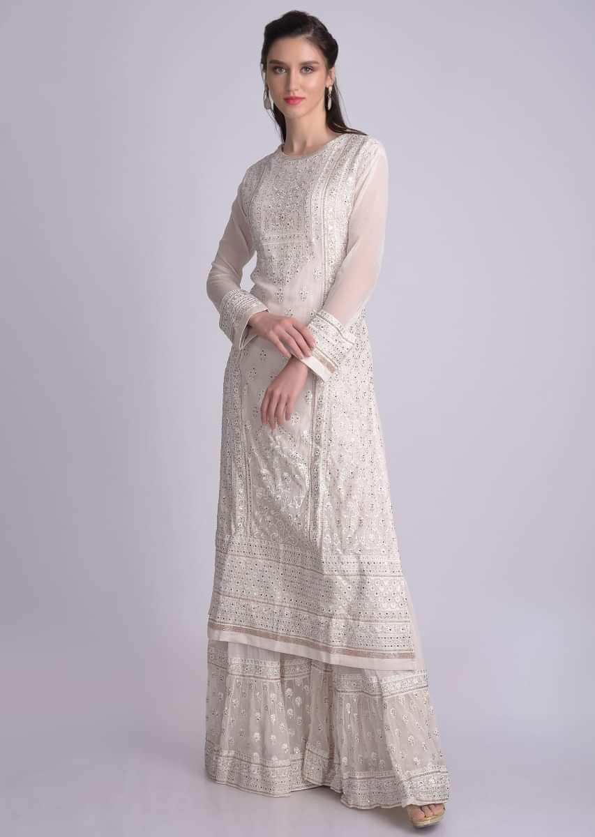 Buy Daisy White Sharara Suit In Georgette With Floral And Mughal ...