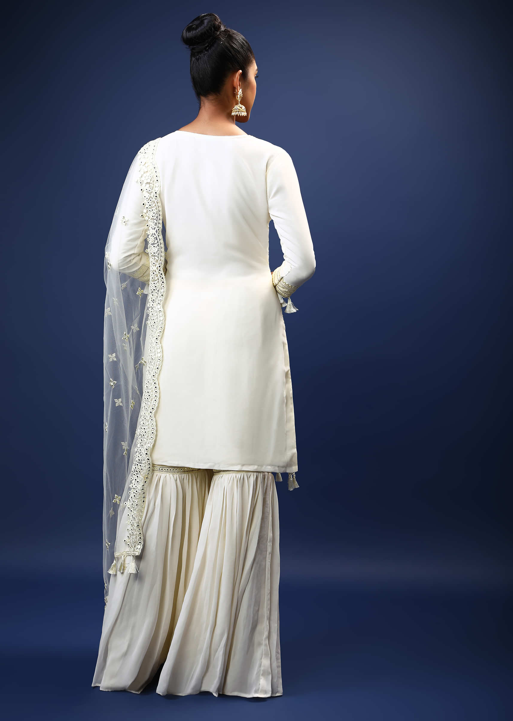 Daisy White Sharara Suit In Georgette With Lucknowi Thread Embroidered Jaal And Tassels On The Border  