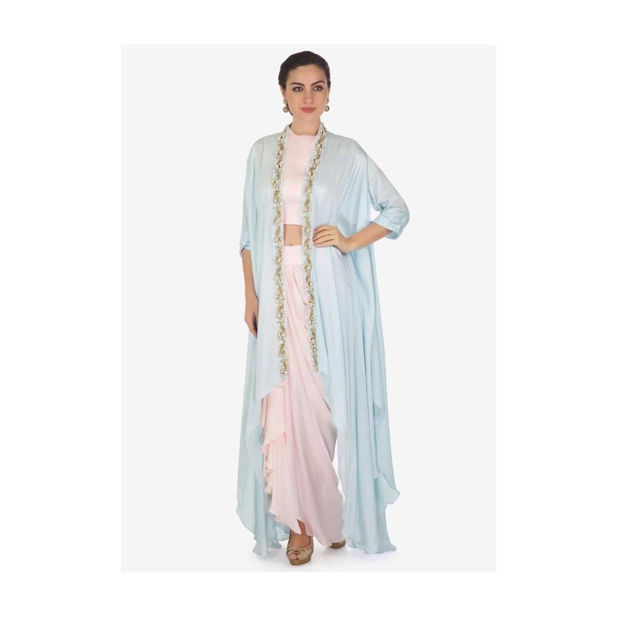 Daisy Pink Crop Top With Cowl Drape Skirt Matched With Embroidered Fancy Jacket Online - Kalki Fashion