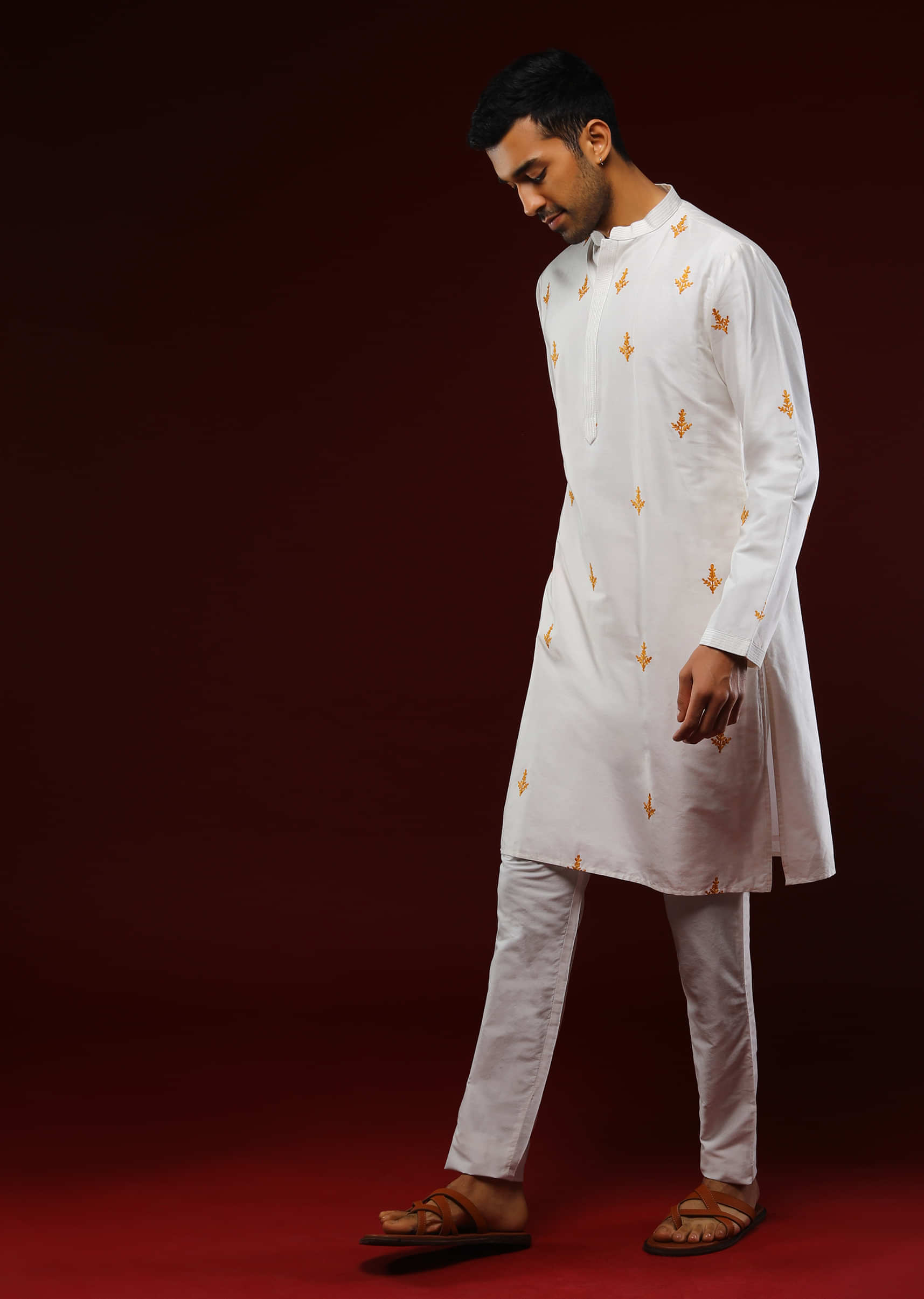 Daisy White Kurta Set In Cotton With Cheddar Yellow Resham Embroidered Buttis
