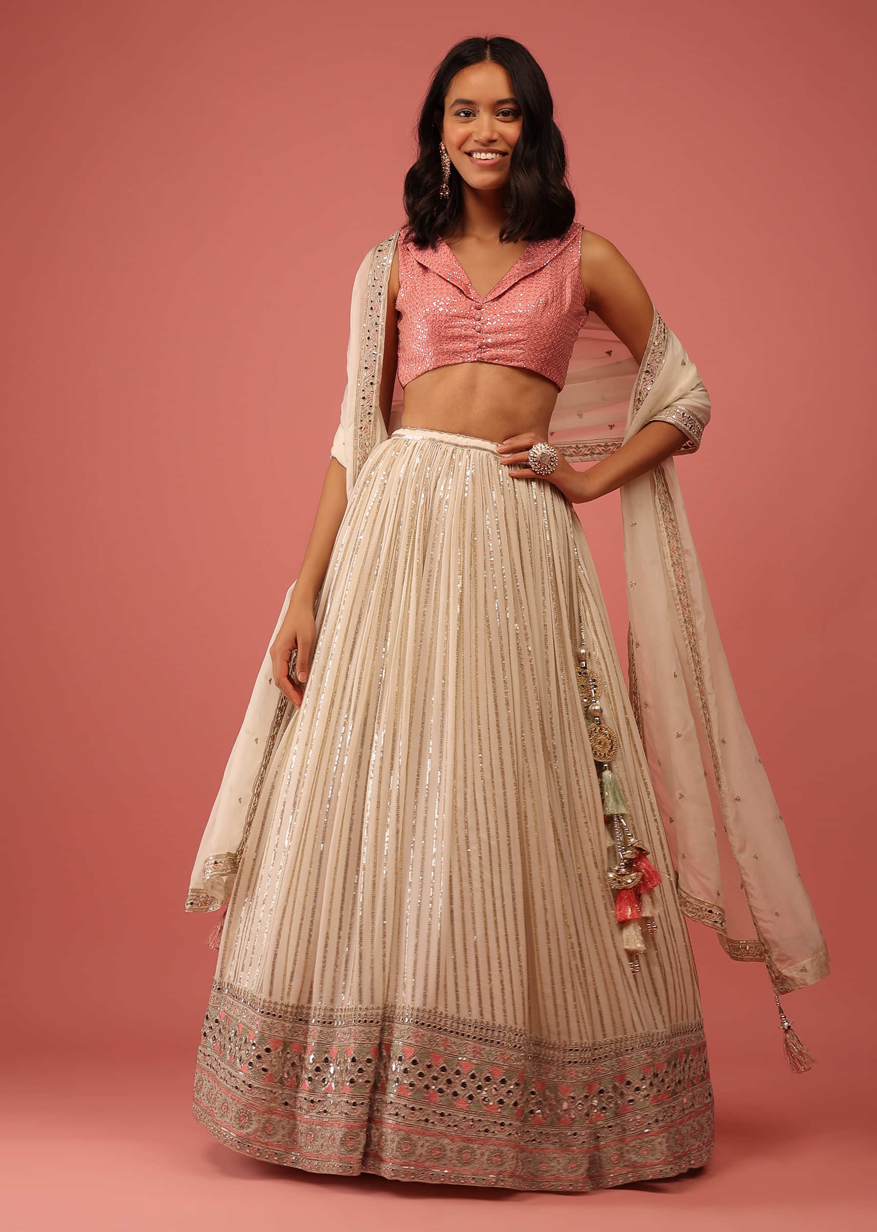 Vintage Rose Pink Sequins Lehenga With A Balloon Sleeves Crop Top Featuring  Embroidered Lapel Collar Neckline | lupon.gov.ph