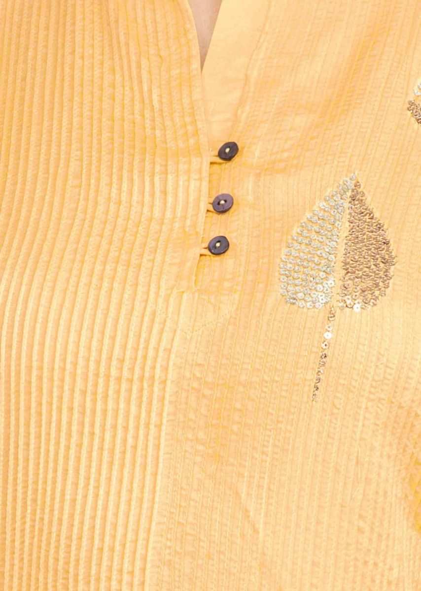 Dandelion Yellow Kurti In Cotton With Pin Tucks And Leaf Butti Online - Kalki Fashion