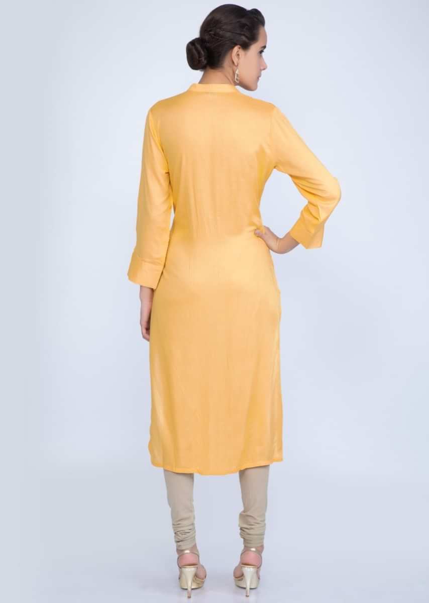 Dandelion Yellow Kurti In Cotton With Pin Tucks And Leaf Butti Online - Kalki Fashion