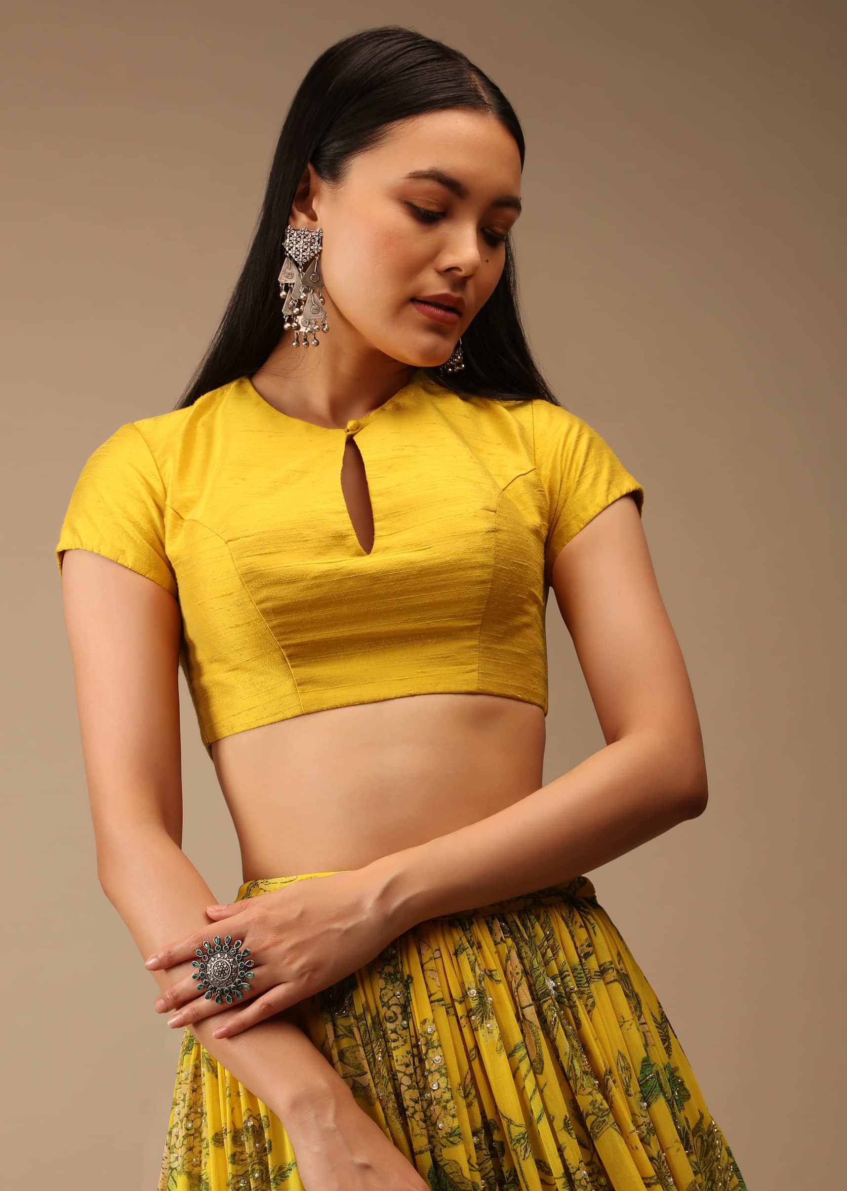 Dandelion Yellow Blouse In Raw Silk With Cap Sleeves And Keyhole Neckline