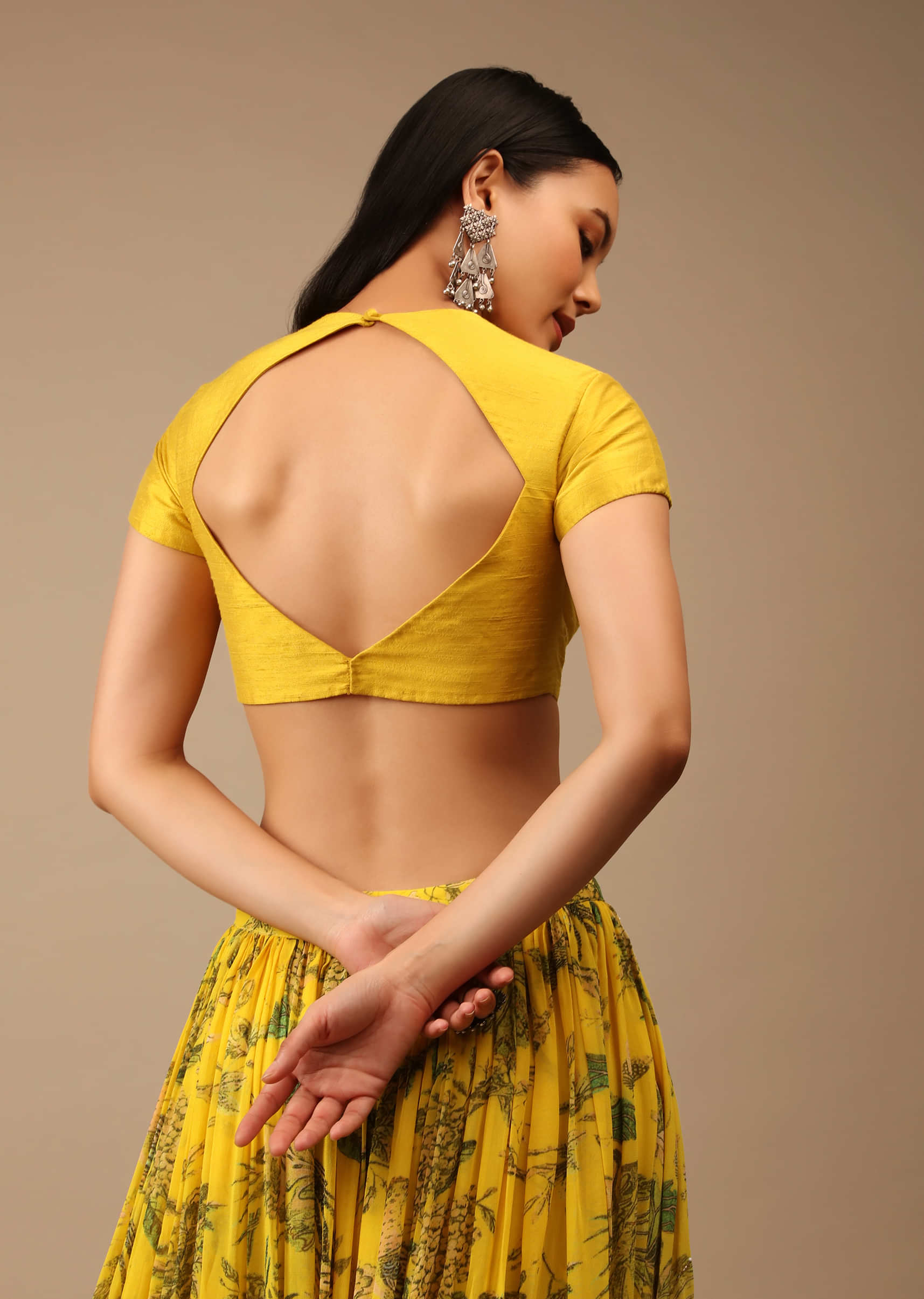 Dandelion Yellow Blouse In Raw Silk With Cap Sleeves And Keyhole Neckline