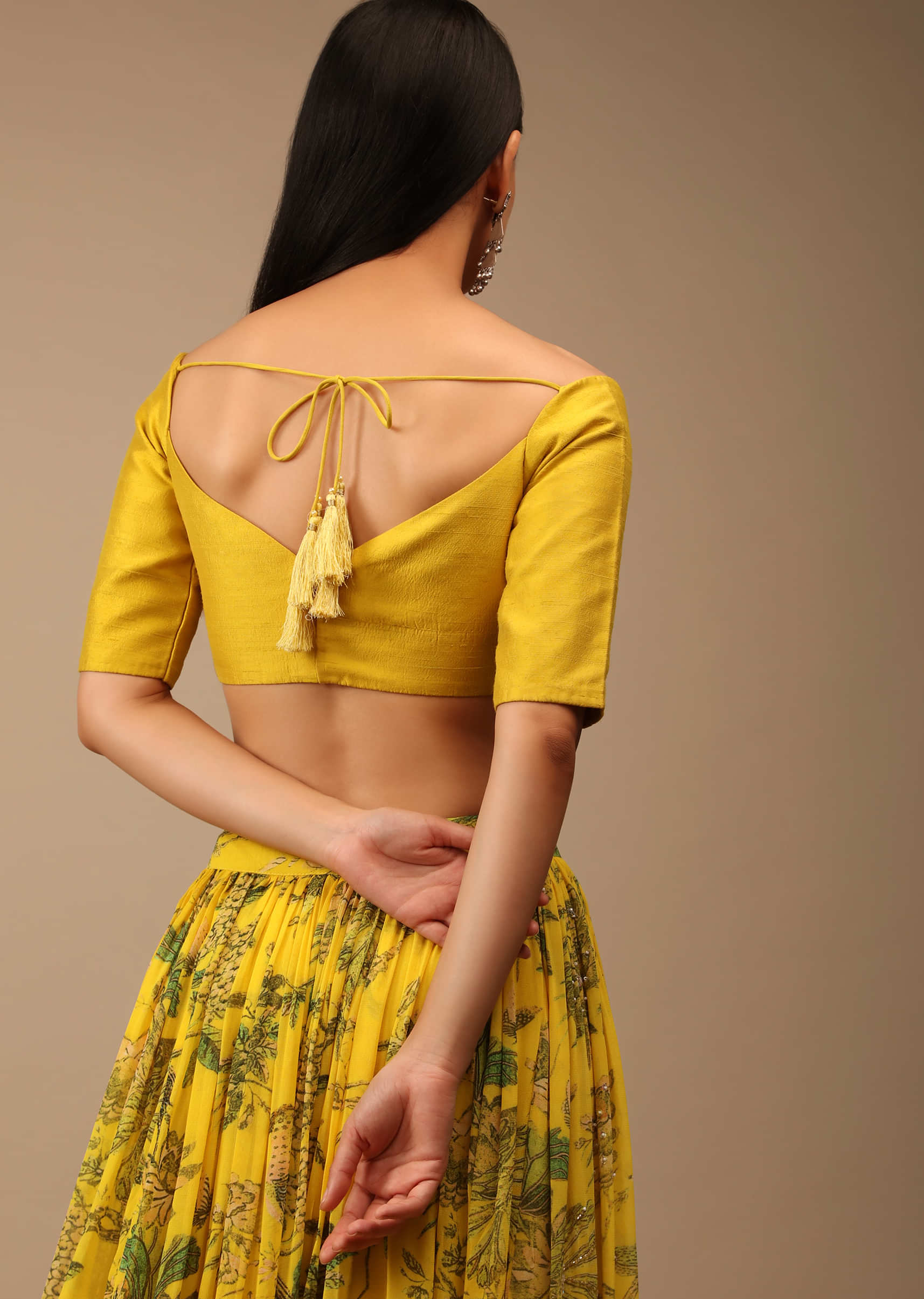 Dandelion Yellow Blouse In Raw Silk With Off Shoulder Half Sleeves And Sweetheart Neckline