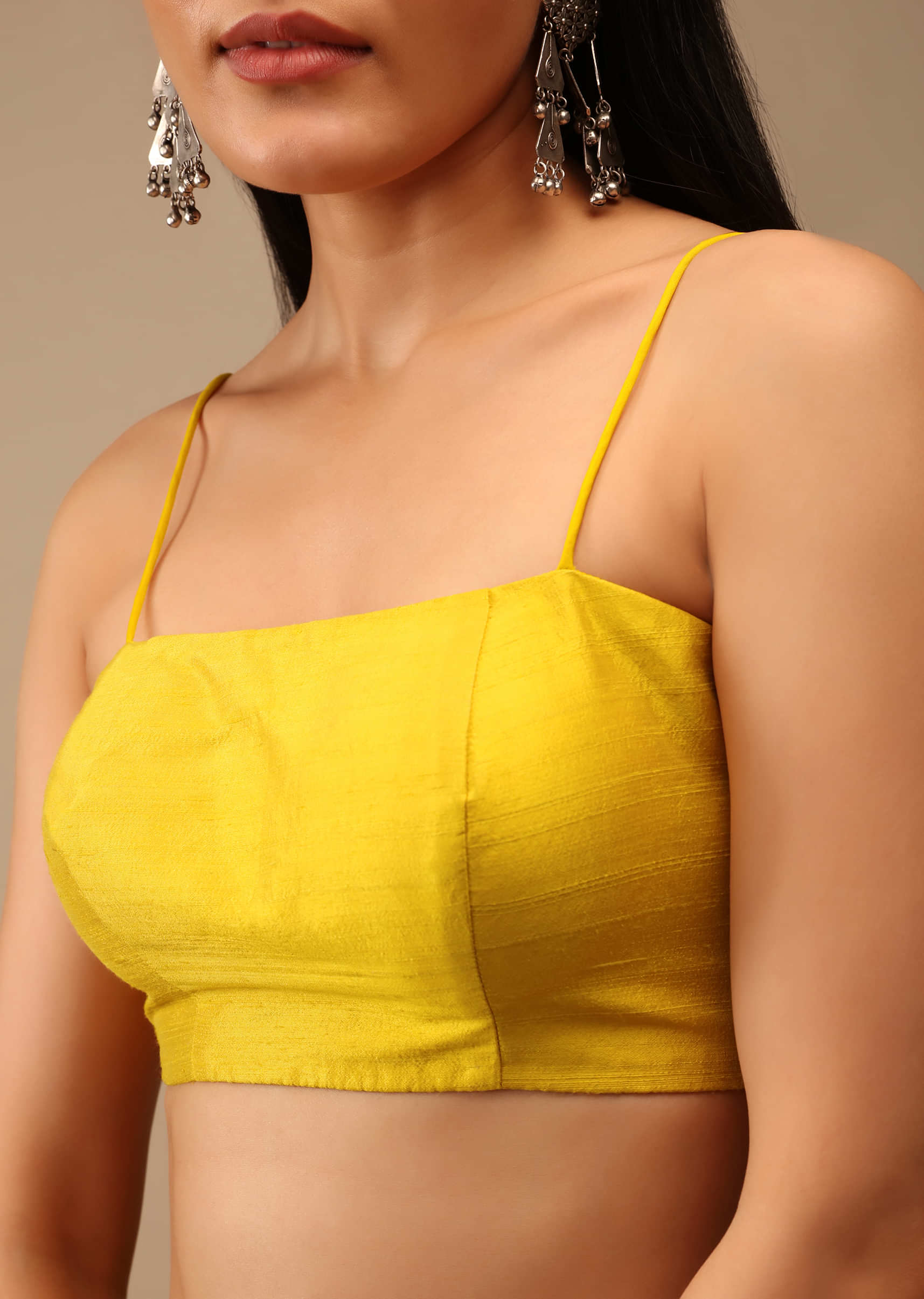 Dandelion Yellow Blouse In Raw Silk With Strap Sleeves And Straight Across Neckline