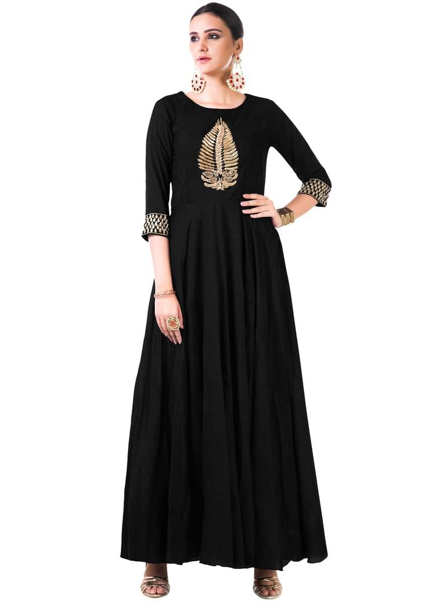 Black Anarkali Gown In Hand Embroidered Silk With Leaf Motifs Online - Kalki Fashion