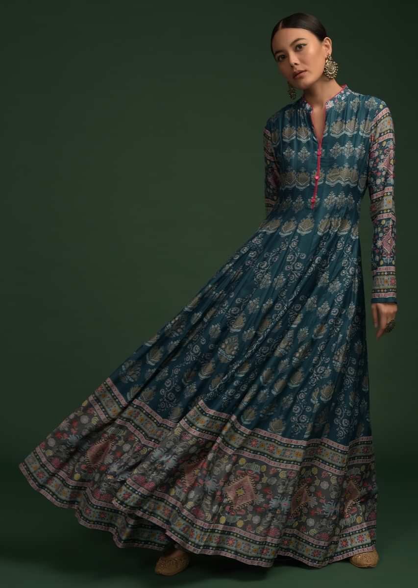 Buy Dark Blue Anarkali Dress In Cotton With Ethnic Print And Patola ...